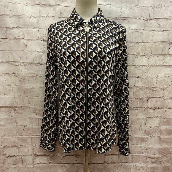 Michael Kors Full Zip Dog Tag Woven Blouse Shirt Geometric Print Navy Size 8 NEW - Picture 1 of 4